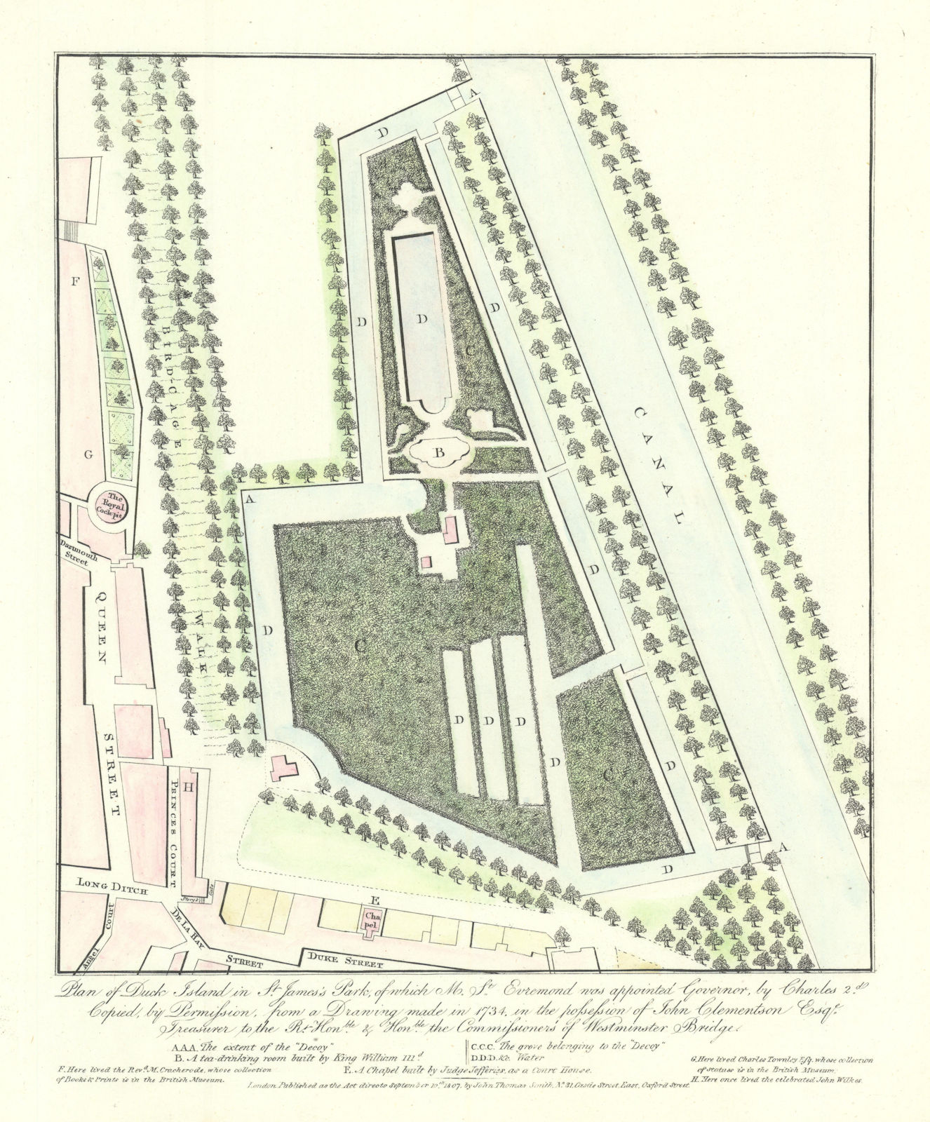 Associate Product Plan of Duck Island in St James's Park in 1734. J.T. SMITH 1807 old map