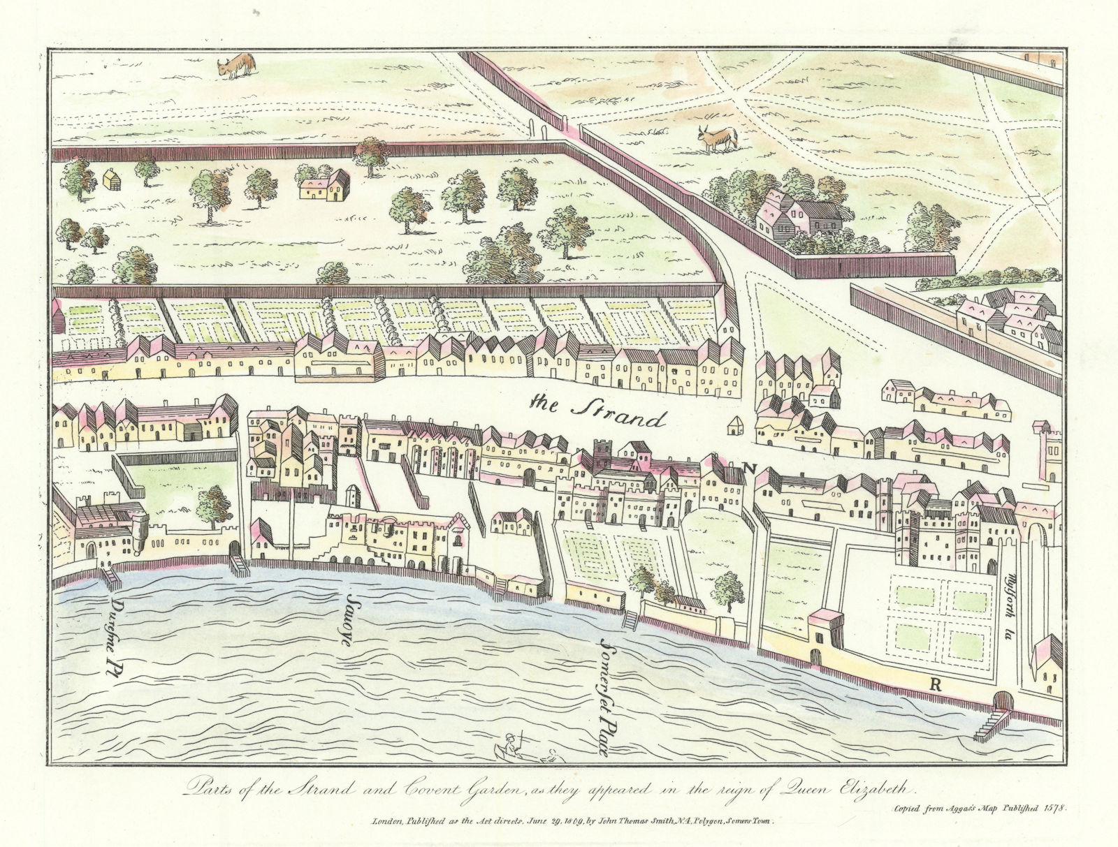 The original walled Covent Garden & Strand from Agas 1578 map J.T. SMITH 1809