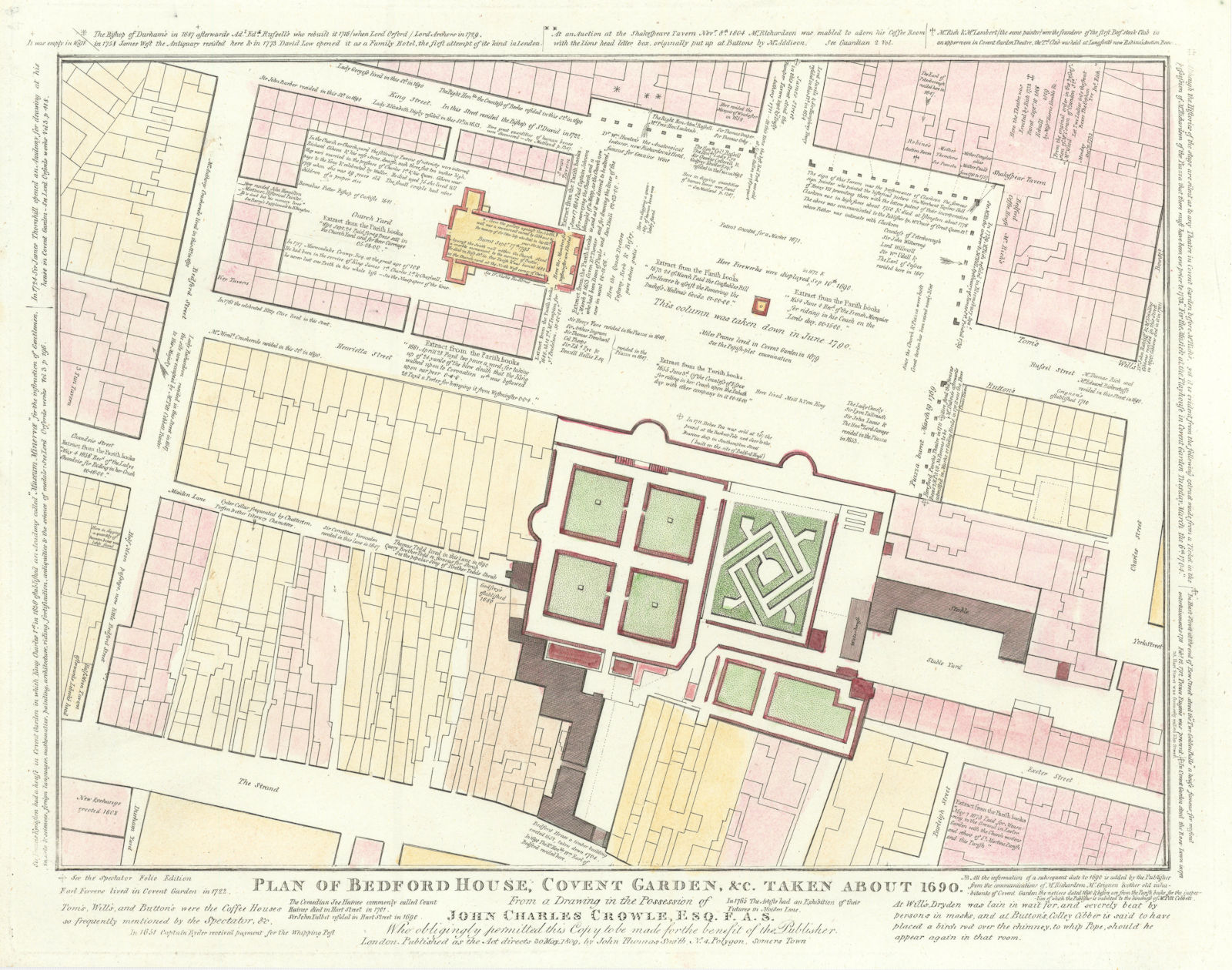 Plan of Covent Garden Piazza & Bedford House in 1690. J.T. SMITH 1809 old map