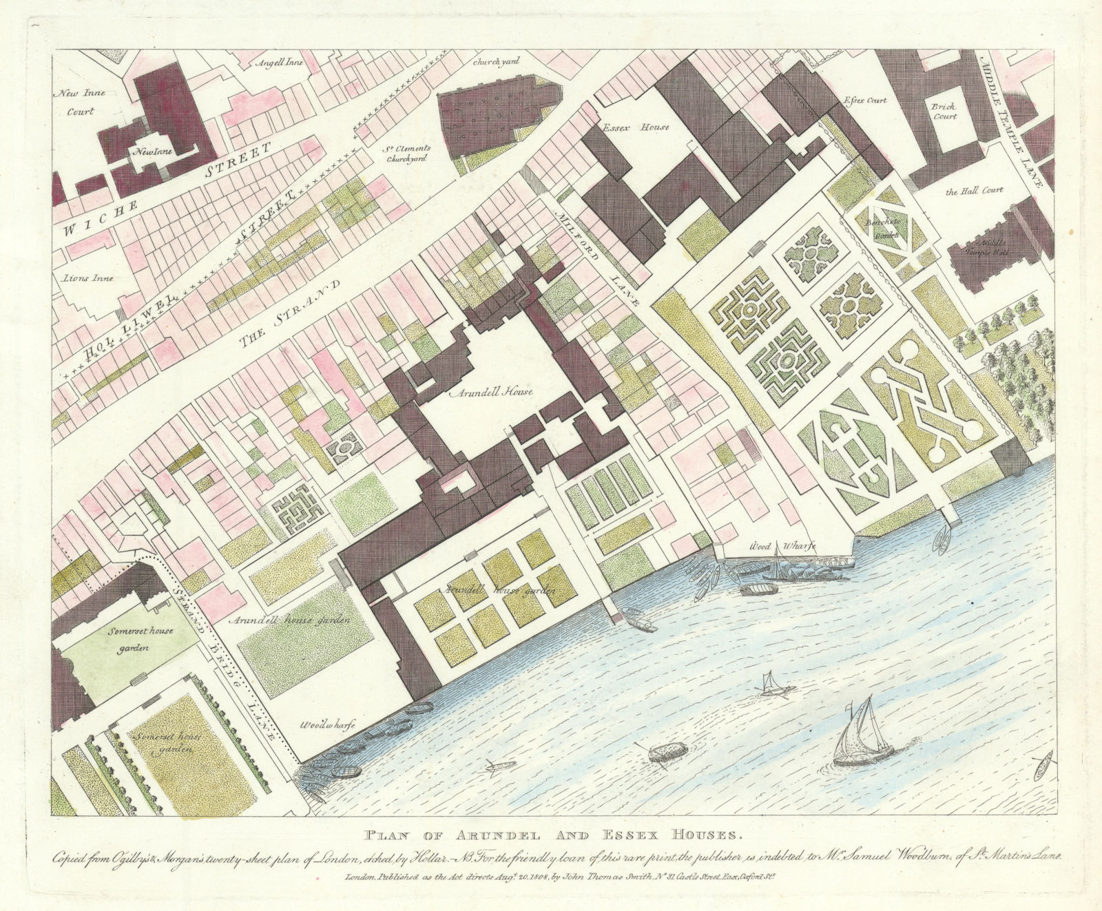 Associate Product Strand. Arundel, Essex & Somerset Houses from Ogilby & Morgan. JT SMITH 1809 map