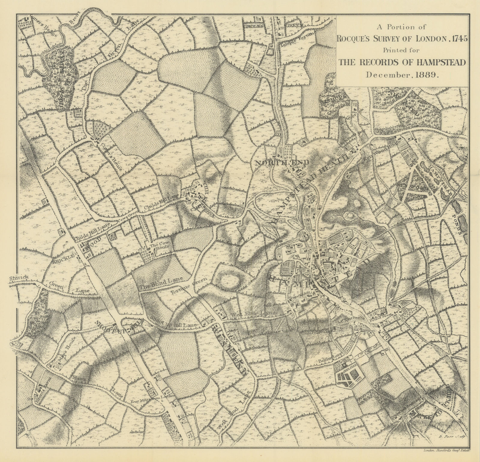 Hampstead. A Portion of Rocque's Survey of London map, 1745. Reprinted 1889