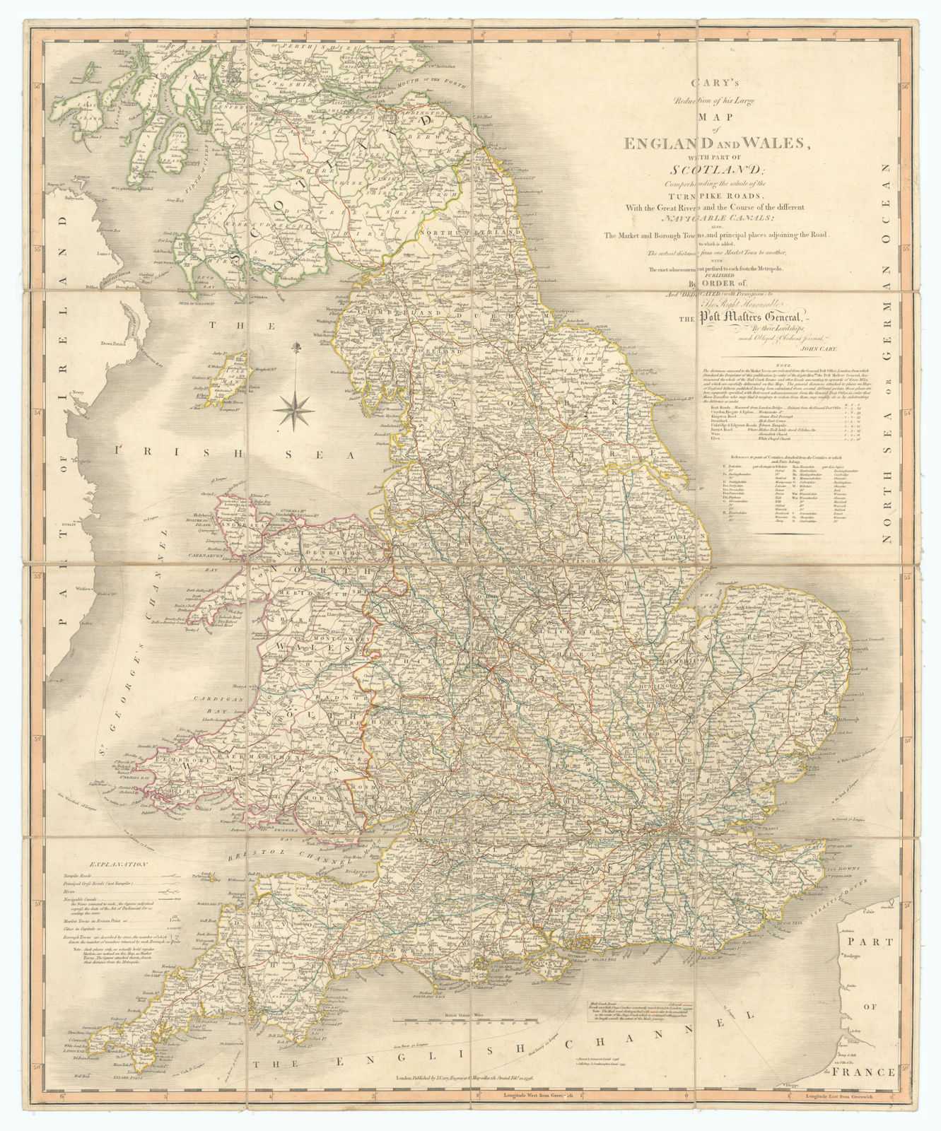'Cary's reduction of his large map of England & Wales'. Turnpikes canals &c 1796
