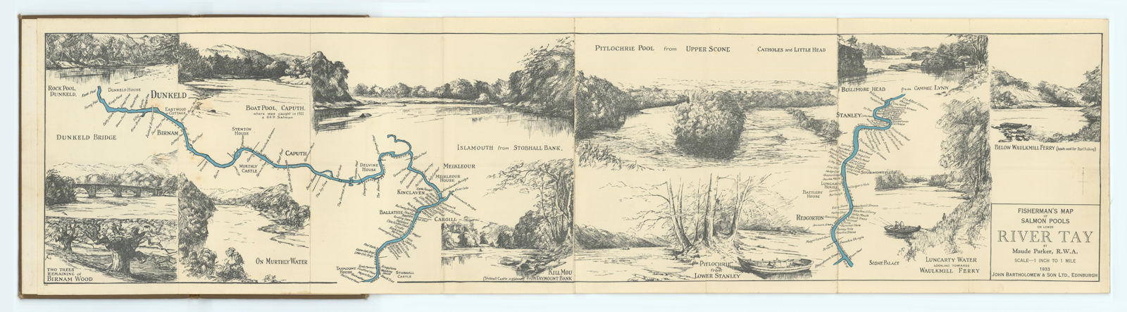 Fisherman's Map of Salmon Pools on lower River Tay by Maude Parker 1933