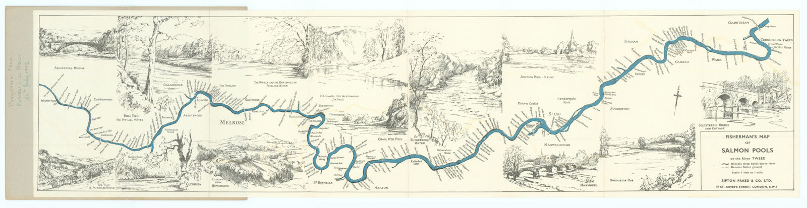 Associate Product Fisherman's Map of Salmon Pools on the River Tweed by Maude Parker 1933 (1960)