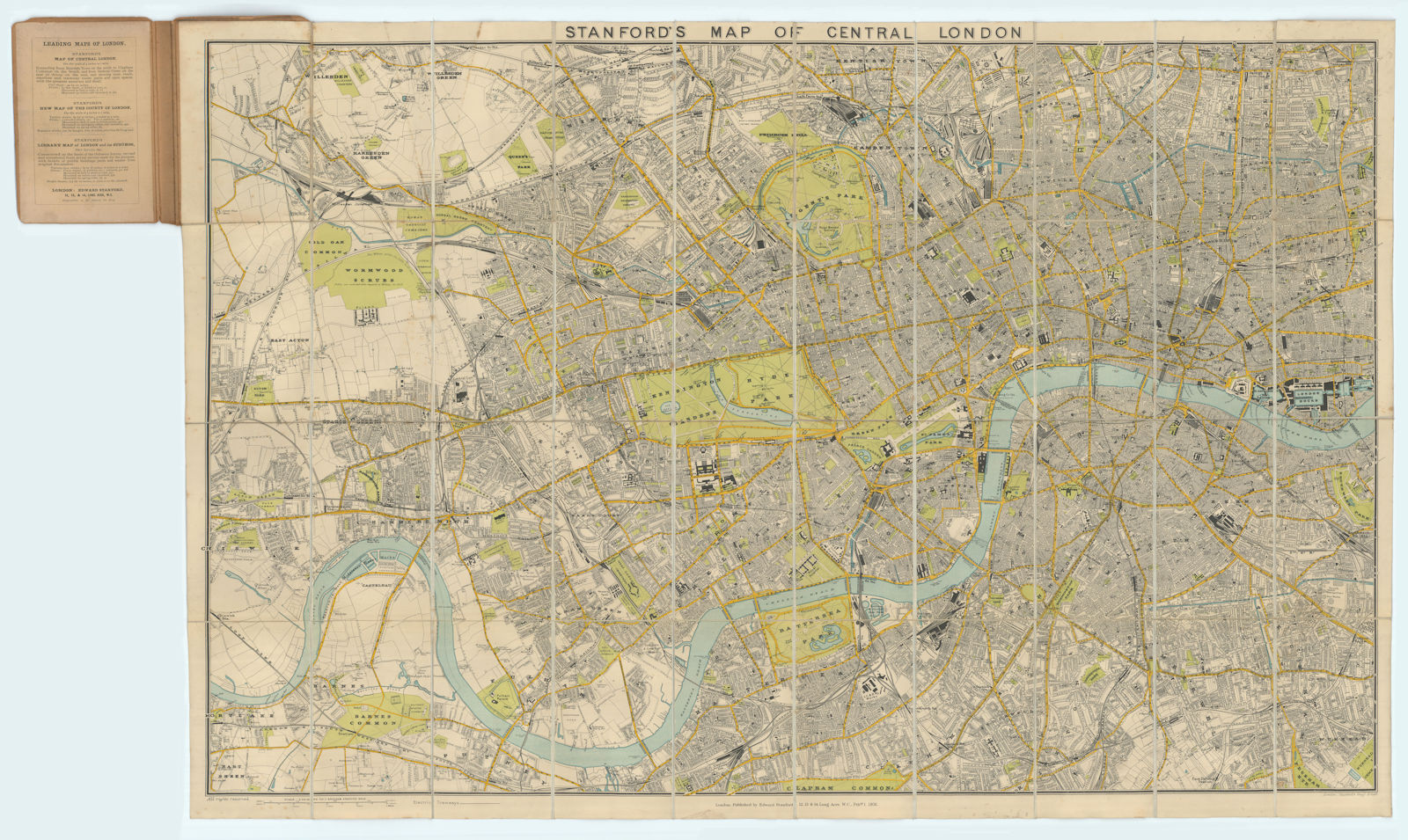 Associate Product Stanford's Map of Central London. Folding, linen-backed antique city plan 1905
