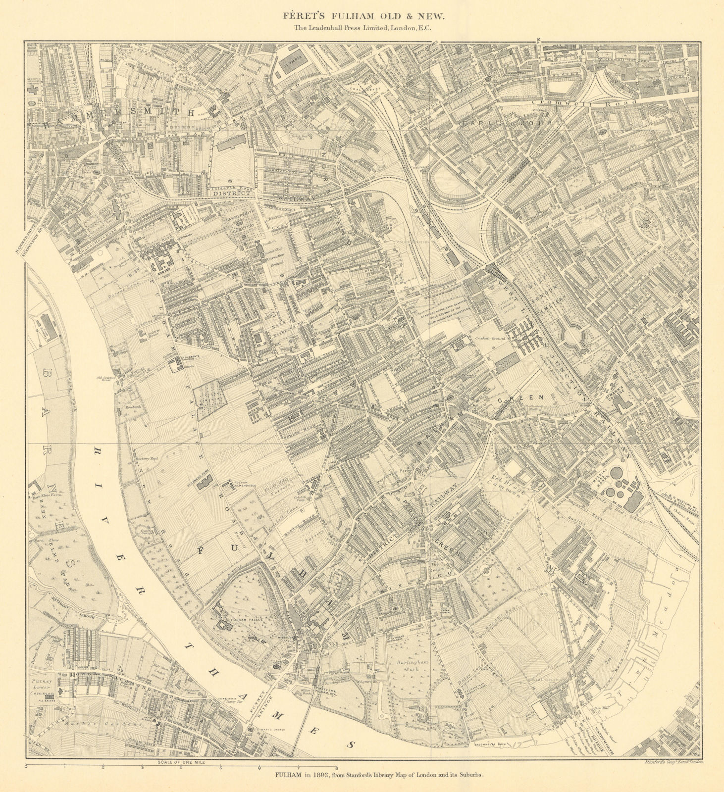 Map of Fulham in 1892, from Stanford's Library Map of London & suburbs. 1900