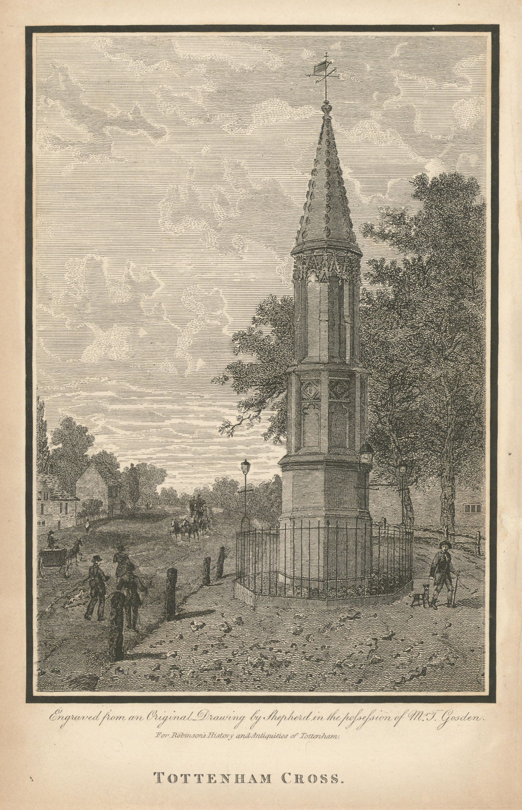 Tottenham High Cross, London 1840 old antique vintage print picture