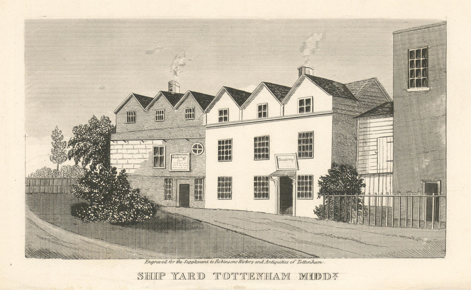 Quaker School, Old Ship Yard, Tottenham High Cross, London 1840 print