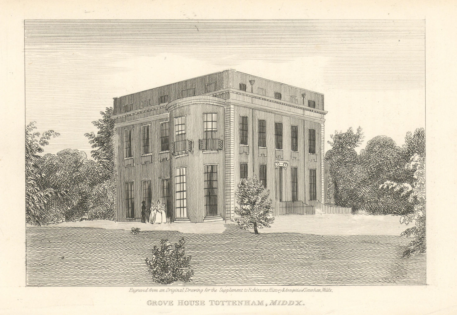 Grove House Quaker School, Tottenham Green, London 1840 old antique print