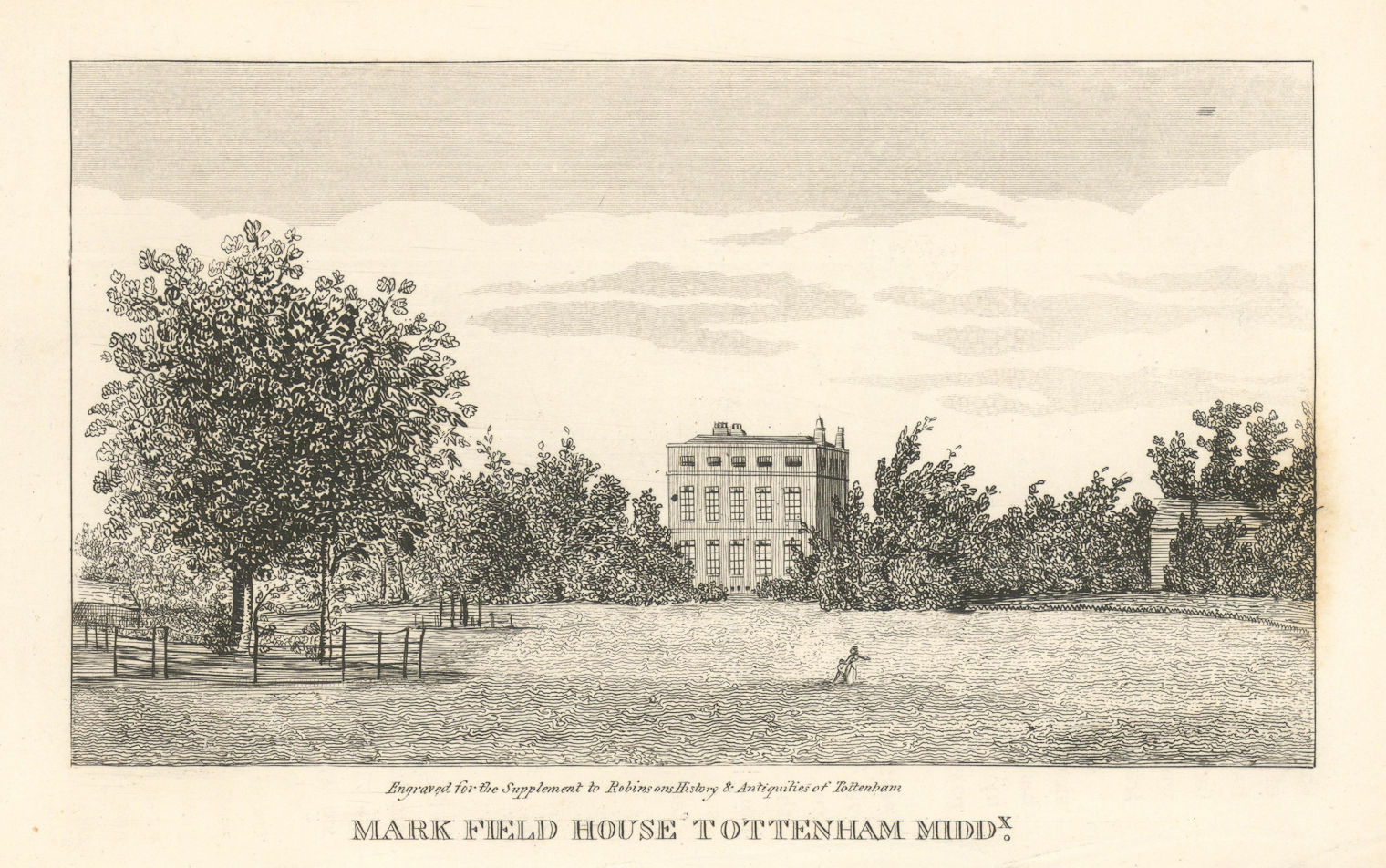 Markfield House, South Tottenham, London 1840 old antique print picture