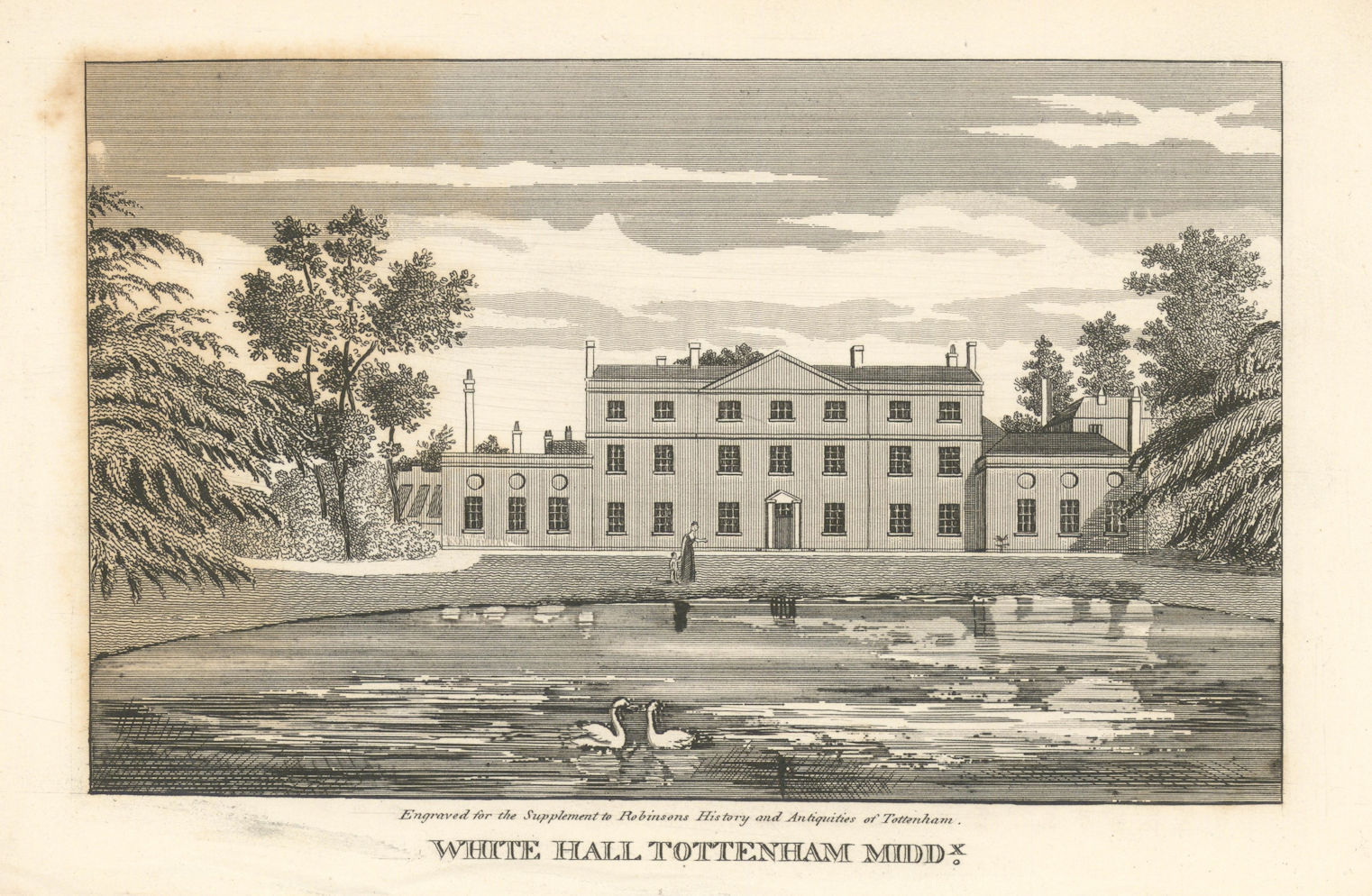 White Hall, Tottenham, London 1840 old antique vintage print picture
