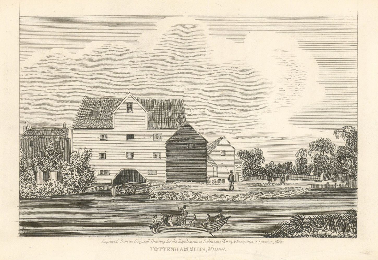 Tottenham Mills, Ferry Lane, Tottenham Hale, London 1840 old antique print
