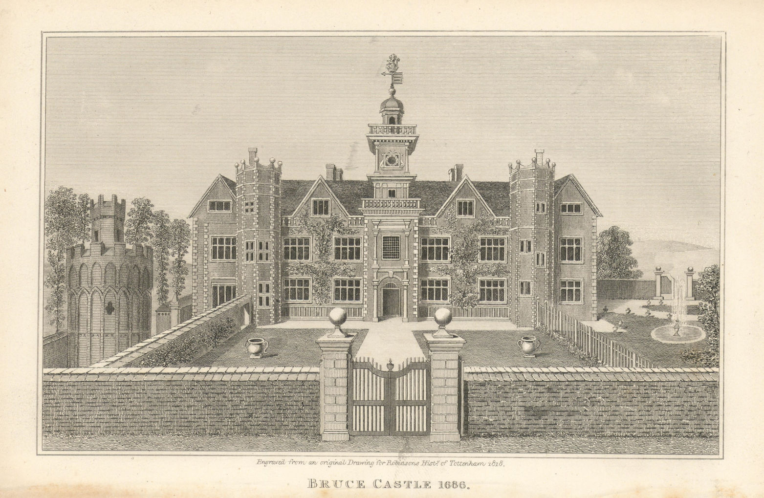 Bruce Castle, Tottenham in 1686. 1840 old antique vintage print picture