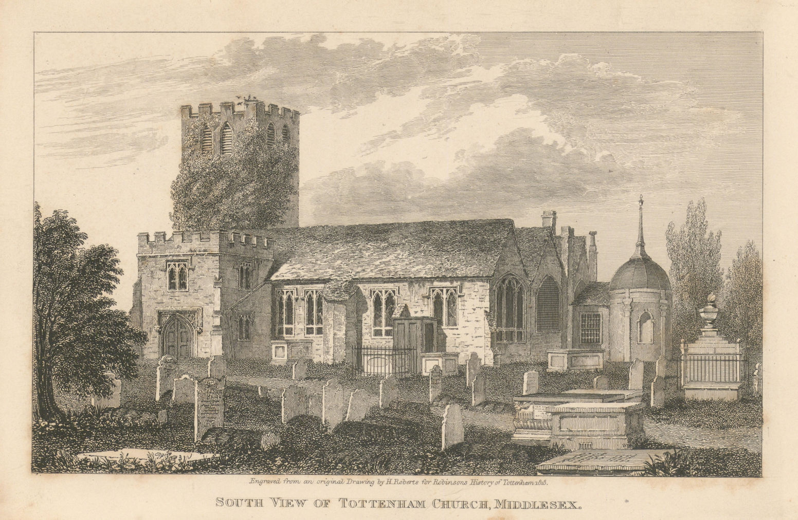 South View of All Hallows Church, Tottenham, London 1840 old antique print