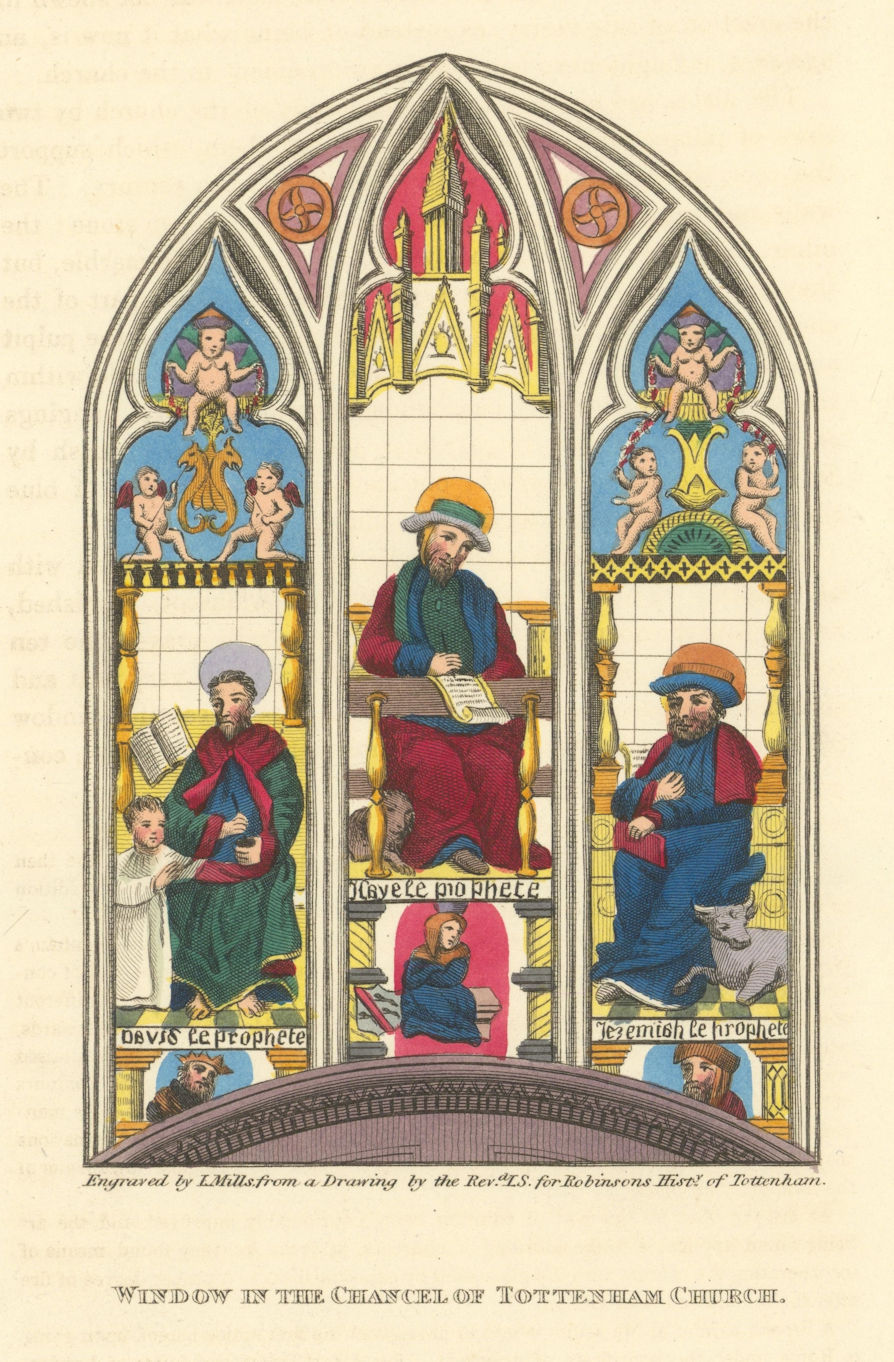 Window in the Chancel of All Hallows Church, Tottenham, London 1840 old print