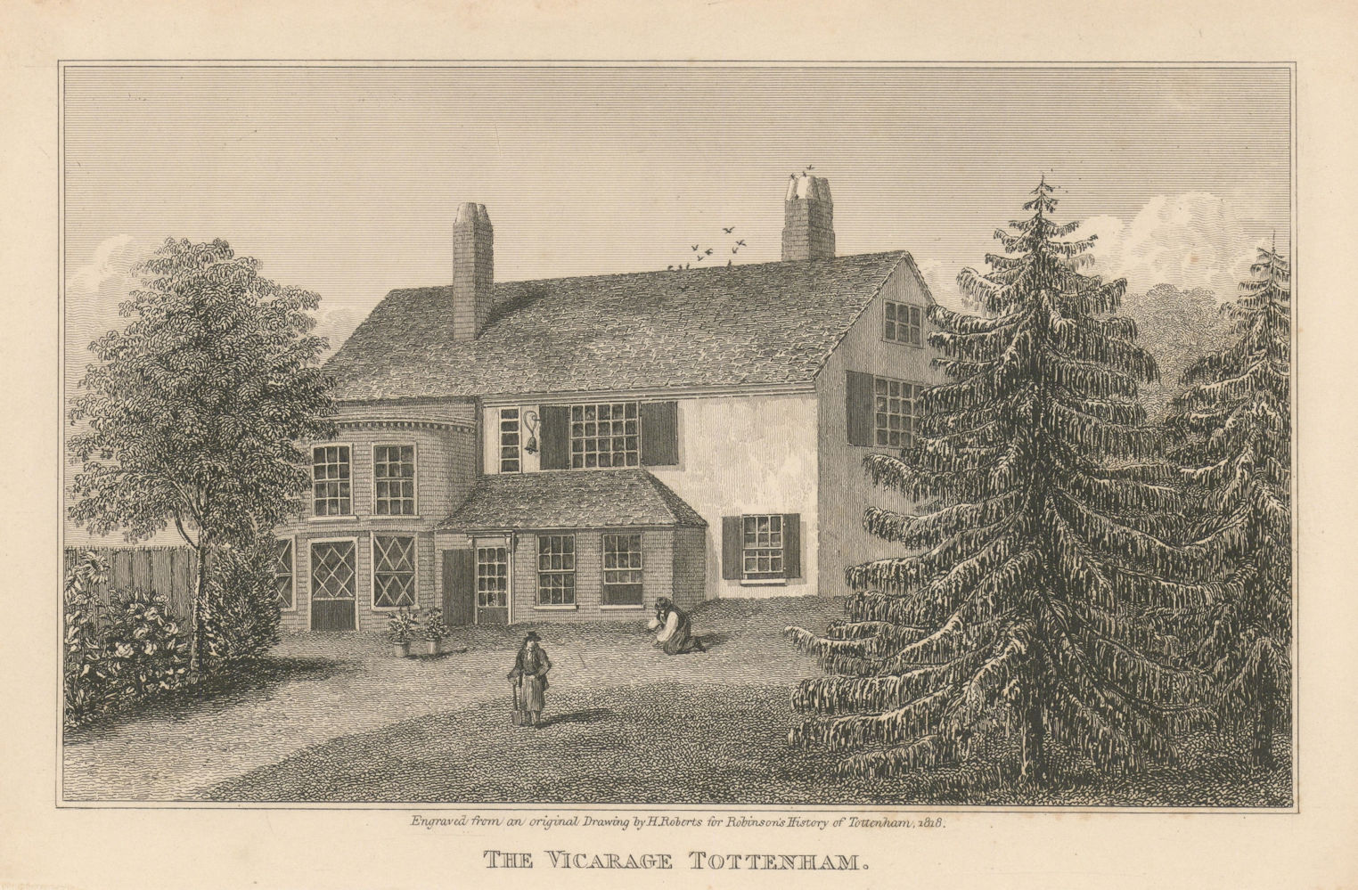 The Vicarage, All Hallows Church, Tottenham 1840 old antique print picture