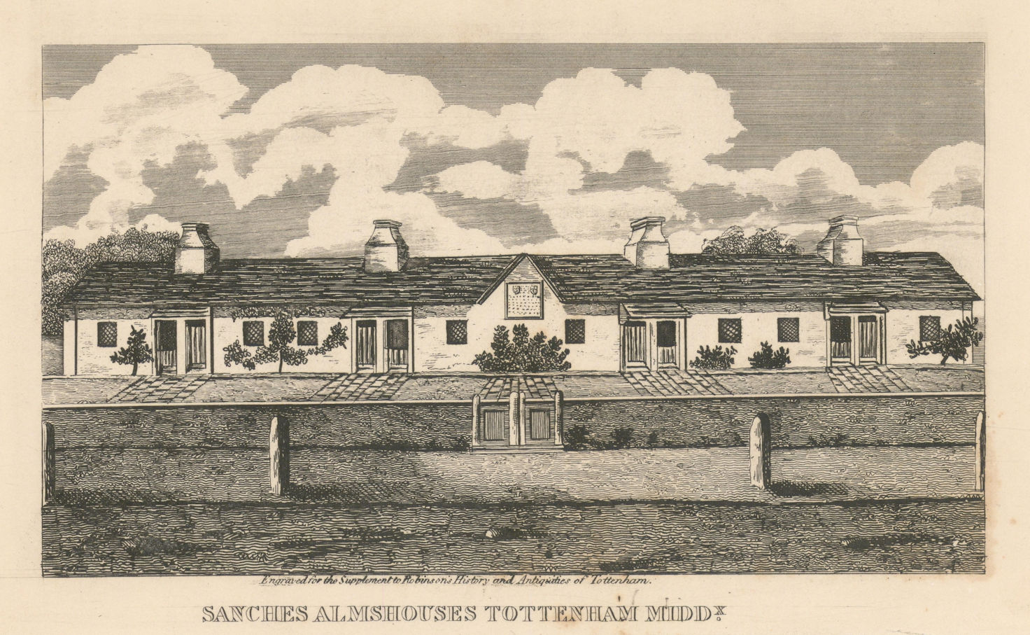 Sanchez's Almshouses, 570-592 Tottenham High Road. Now Aldi 1840 old print