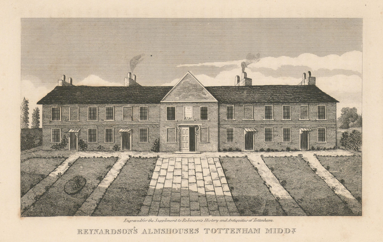 Reynardson's Almshouses, Old School Court, Tottenham, London 1840 print