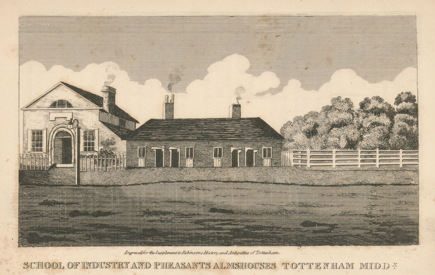 Pound or Pheasaunt's Almshouses, Tottenham. All Hallows Churchyard 1840 print