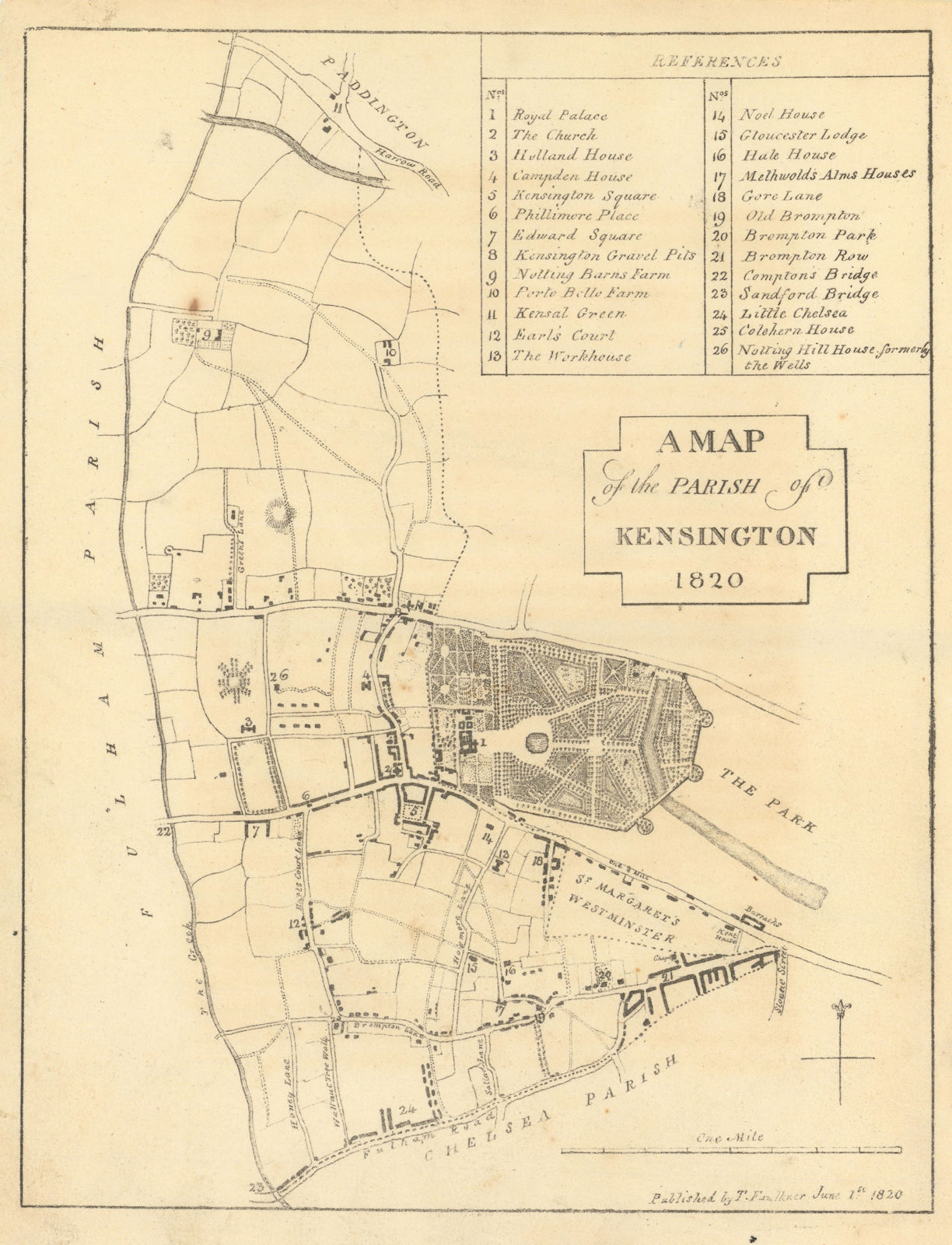 A Map of the Parish of Kensington 1820, London by Thomas Faulkner 1820 old