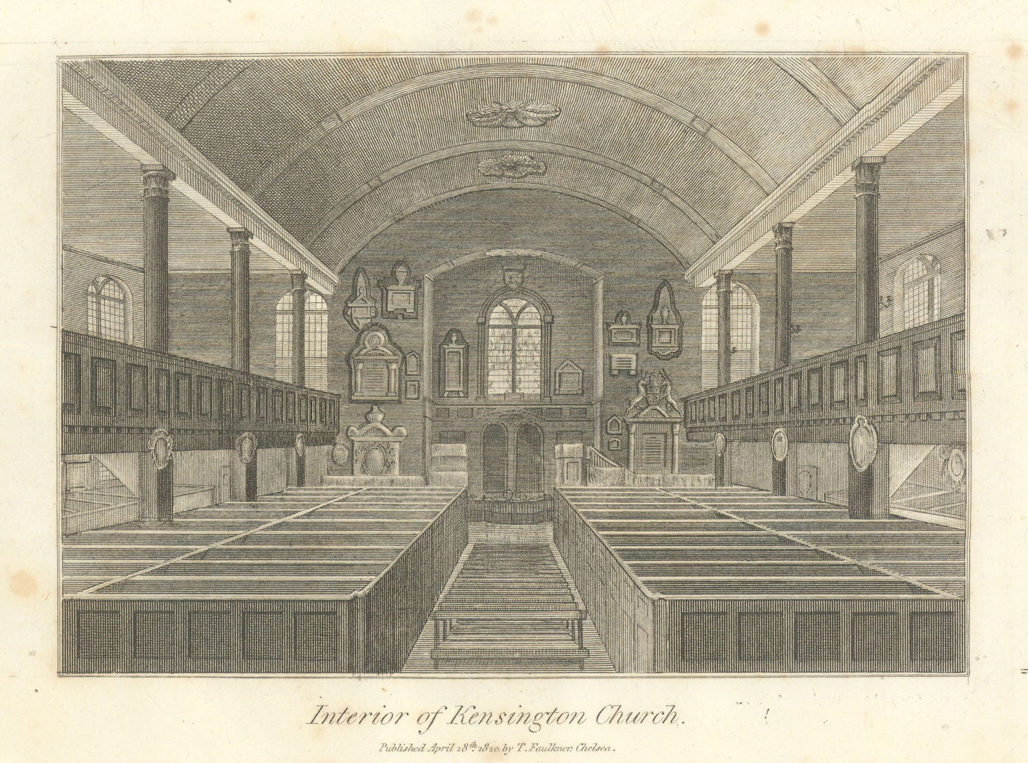 St Mary Abbots church Interior, Kensington. Rebuilt 1872. Faulkner 1820 print