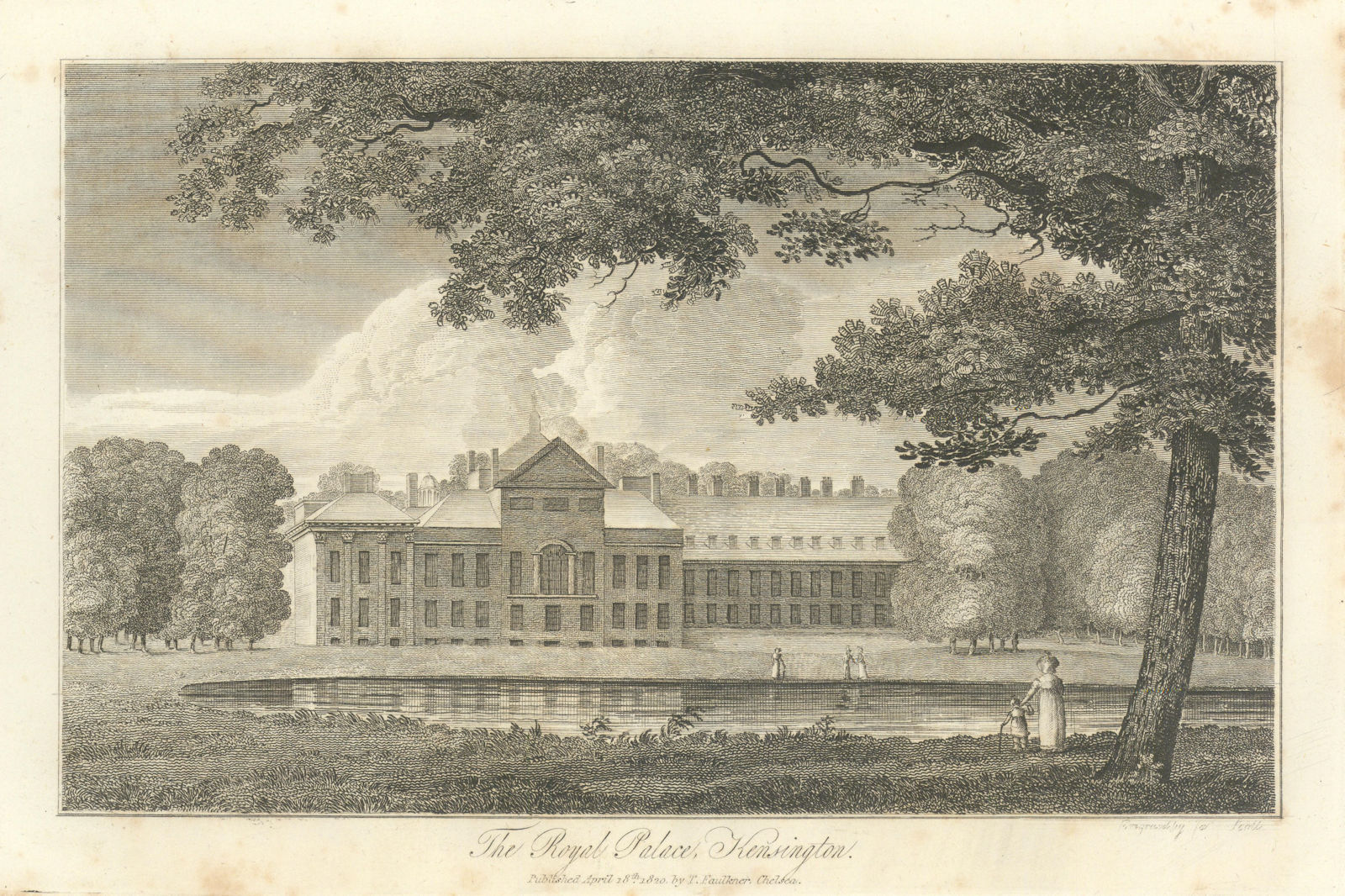 Kensington Palace & the Round Pond by Thomas Faulkner 1820 old antique print