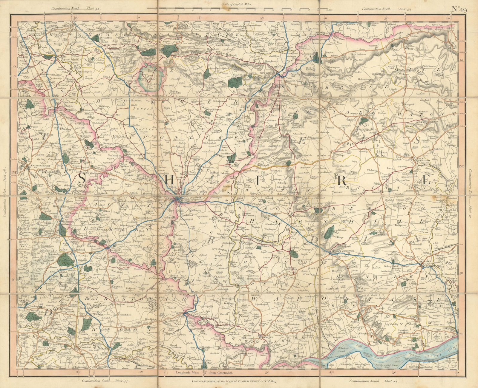 Associate Product THE YORKSHIRE WOLDS. York & Ainsty Liberty. CARY 1832 antique map chart