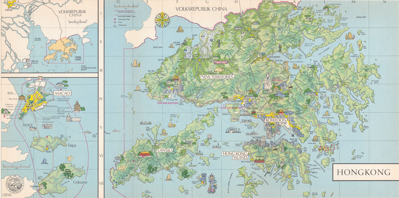 Hong Kong pictorial city map, circa 1979 old vintage plan chart