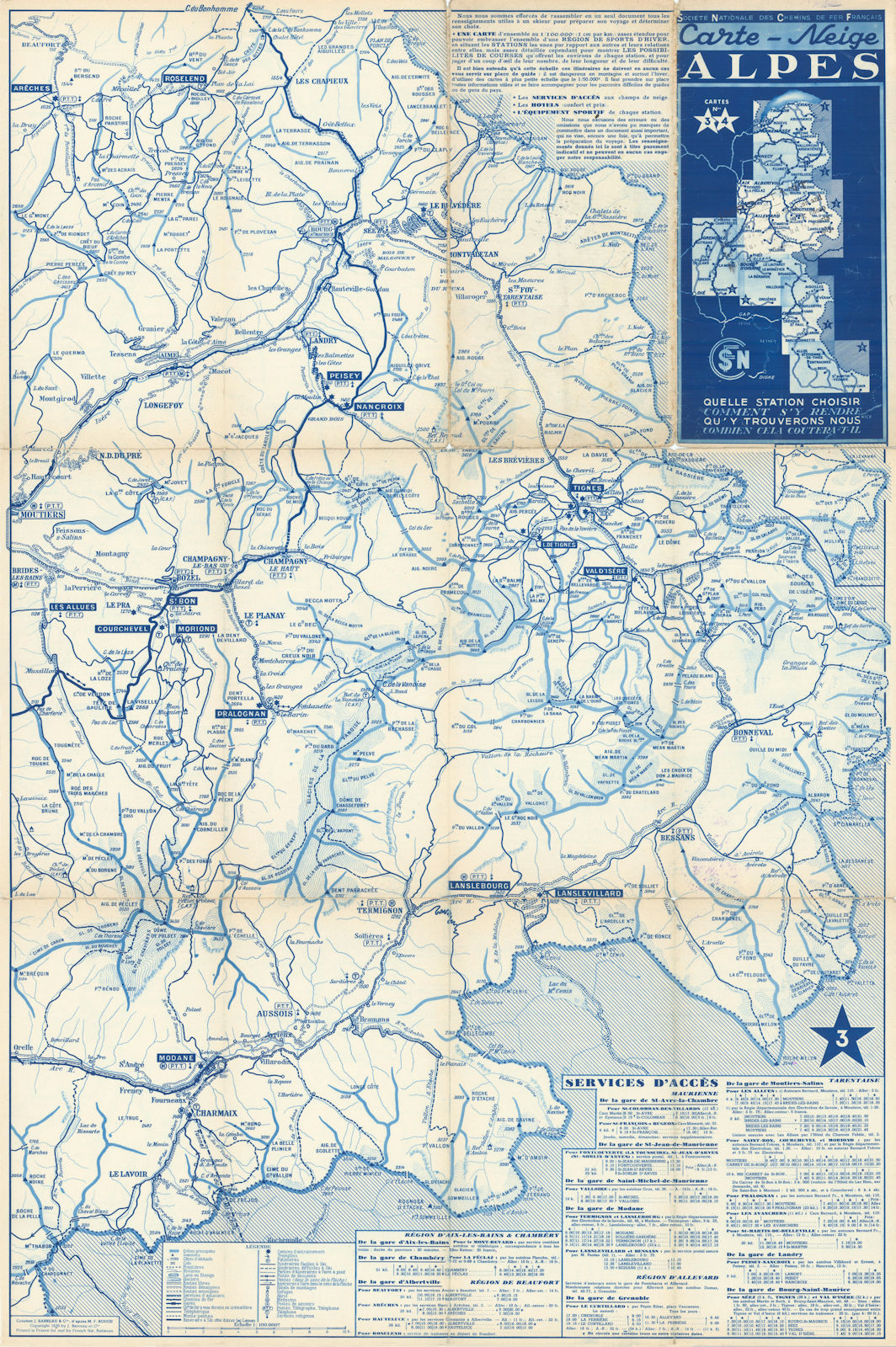 SNCF Carte-Neige Alpes #3-4 Savoie Ski resorts map Tignes Courchevel Isère 1939