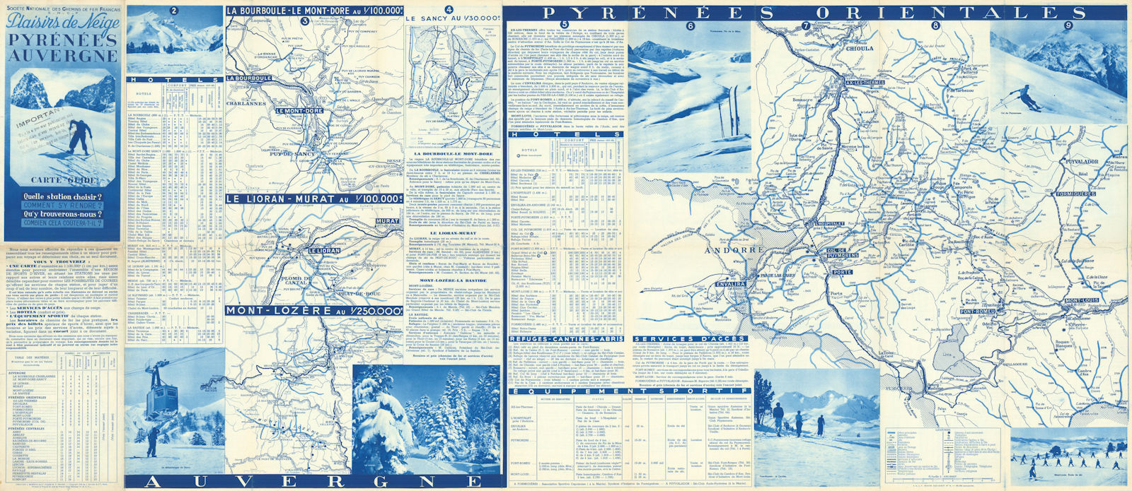 SNCF Plaisirs de Neige Pyrénées Auvergne Ski resorts map 1938 old vintage