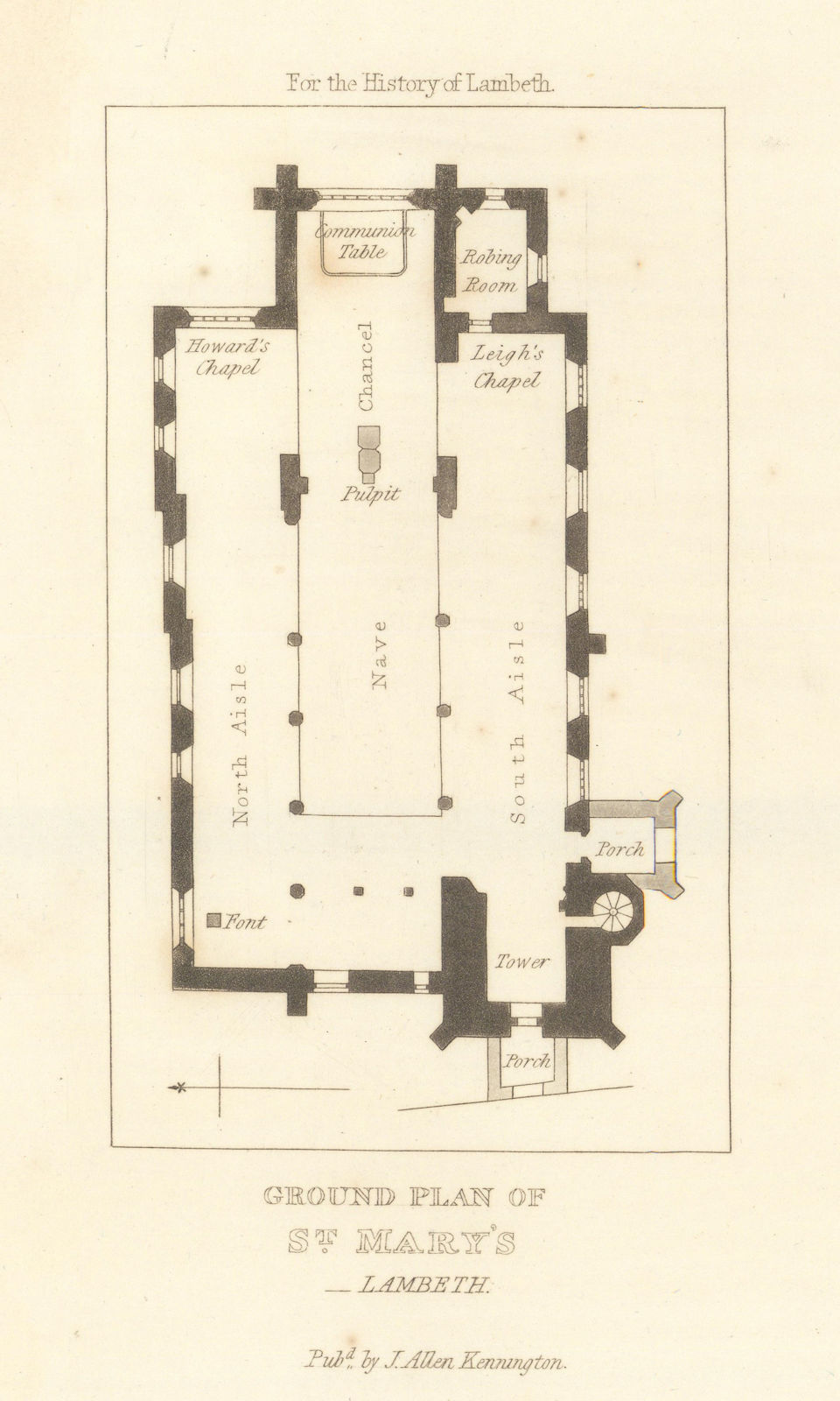 Ground plan of St. Mary-at-Lambeth church 1827 old antique map chart