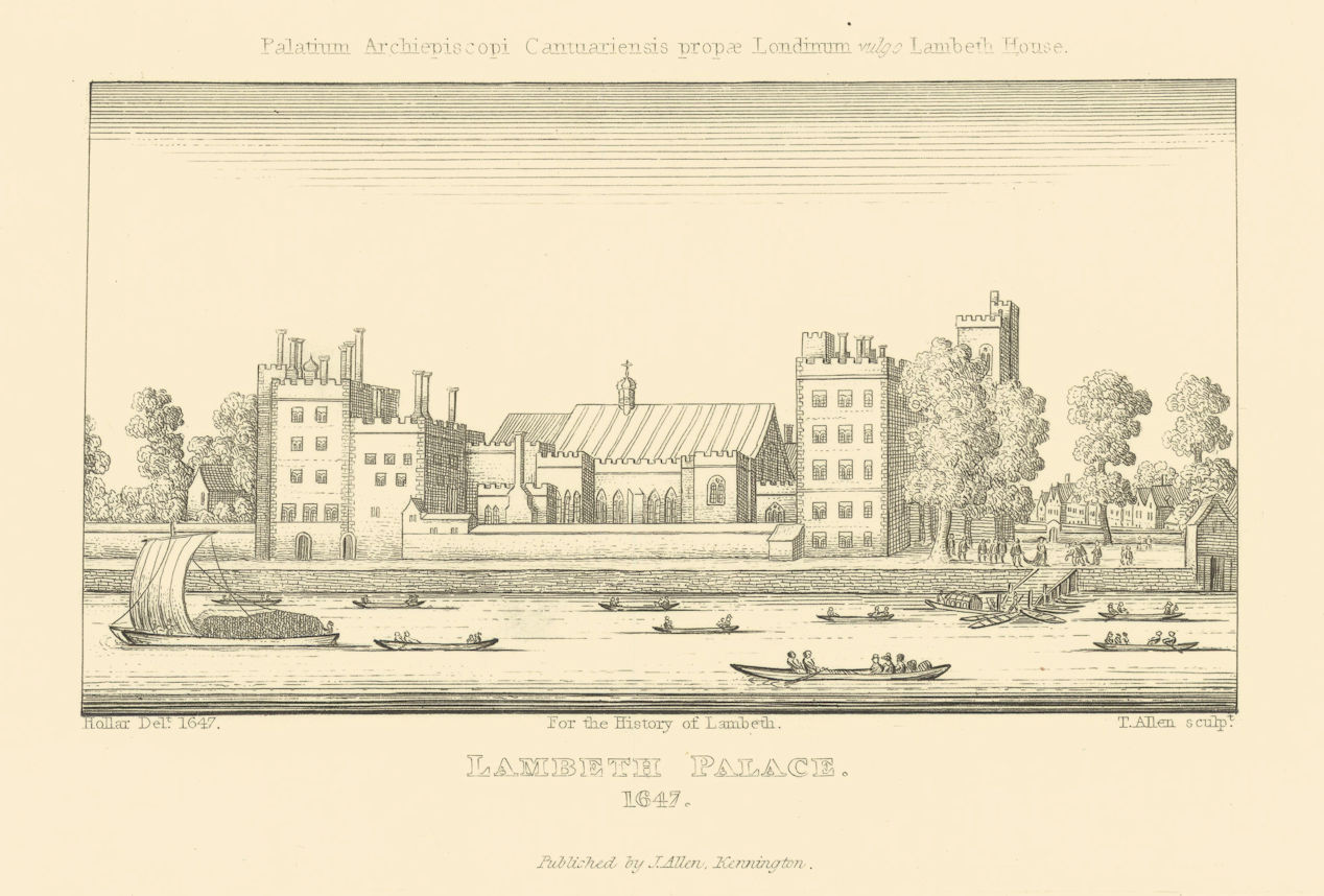 Lambeth Palace in 1647 after Hollar 1827 old antique vintage print picture