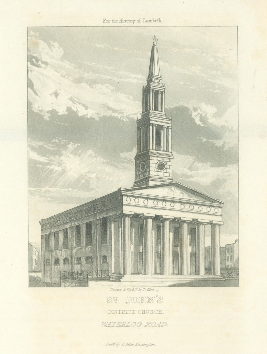 St. John's District Church, Waterloo 1827 old antique vintage print picture