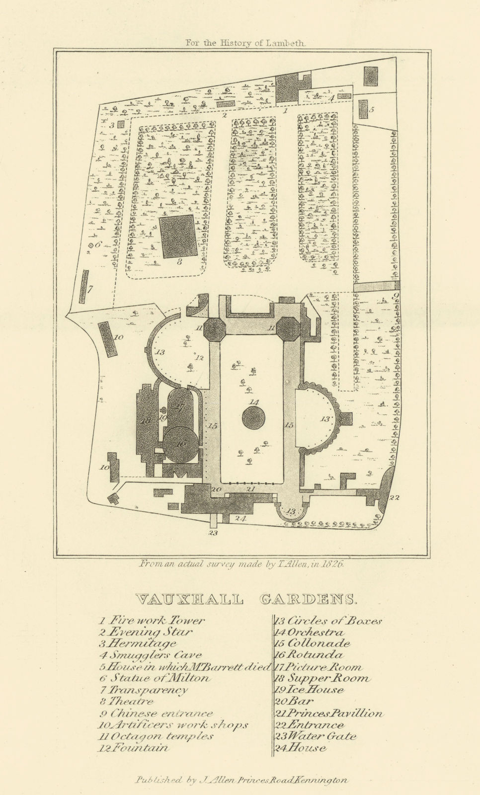 Plan of Vauxhall Pleasure Gardens, Lambeth 1827 old antique map chart