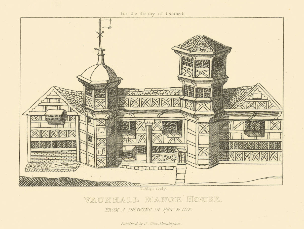 Vauxhall Manor House, near Copt Hall and Spring [Vauxhall] Gardens 1827 print