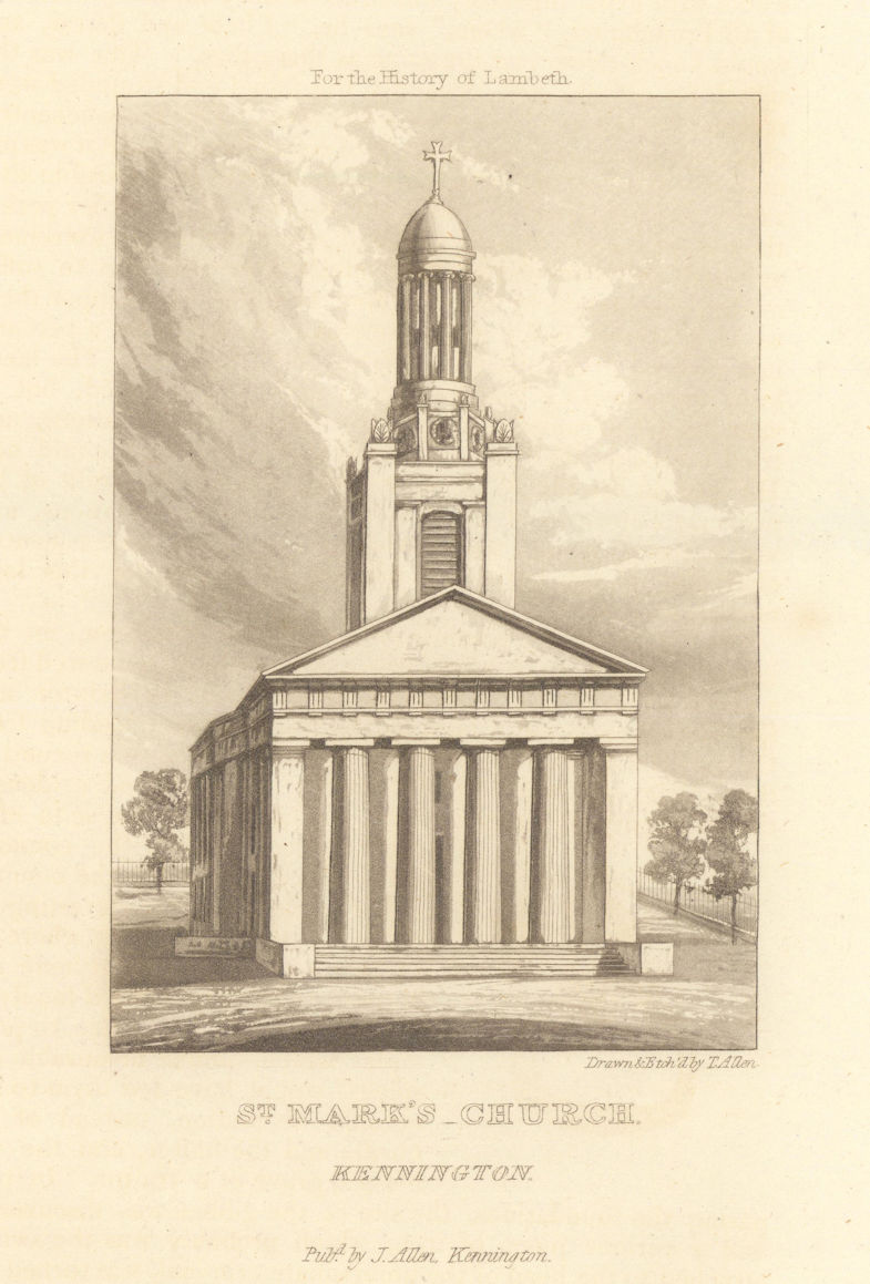 St. Mark's Church, Kennington 1827 old antique vintage print picture