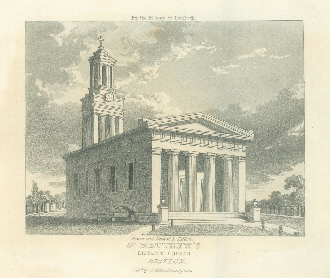 St. Matthew's District Church, Brixton 1827 old antique vintage print picture