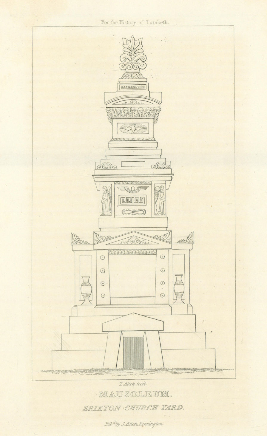 Mausoleum in St. Matthew's church-yard, Brixton 1827 old antique print picture