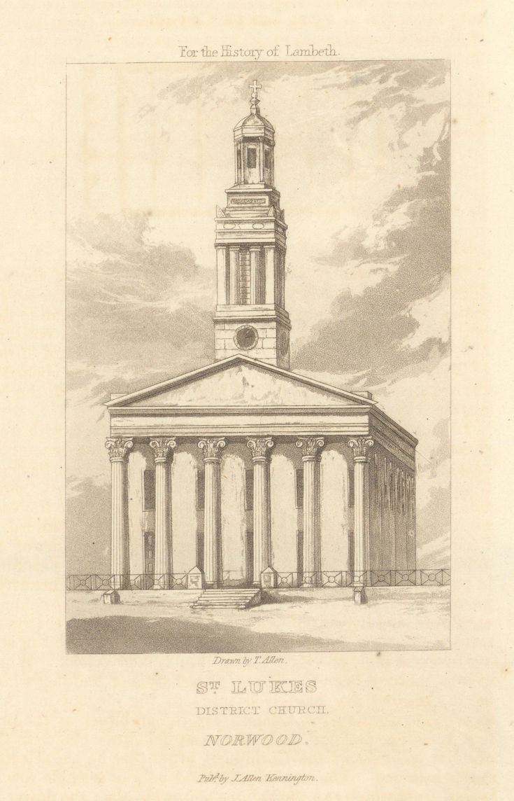 St. Luke's District Church, West Norwood 1827 old antique print picture