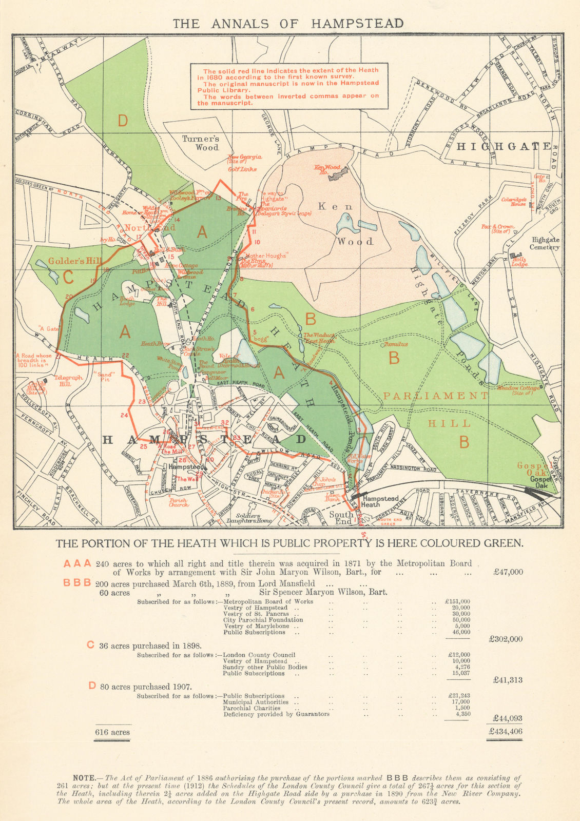 Hampstead Heath - development & expansion 1680-1907 1912 old antique map chart