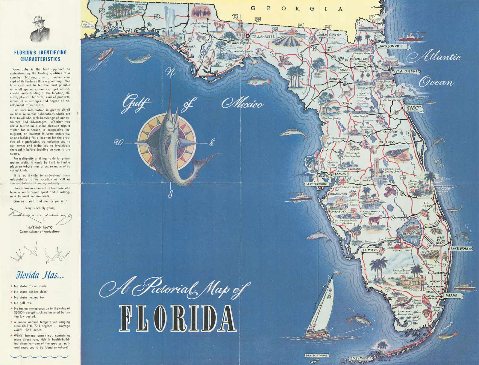 A Pictorial Map of Florida by George D. Way 1951 old vintage plan chart