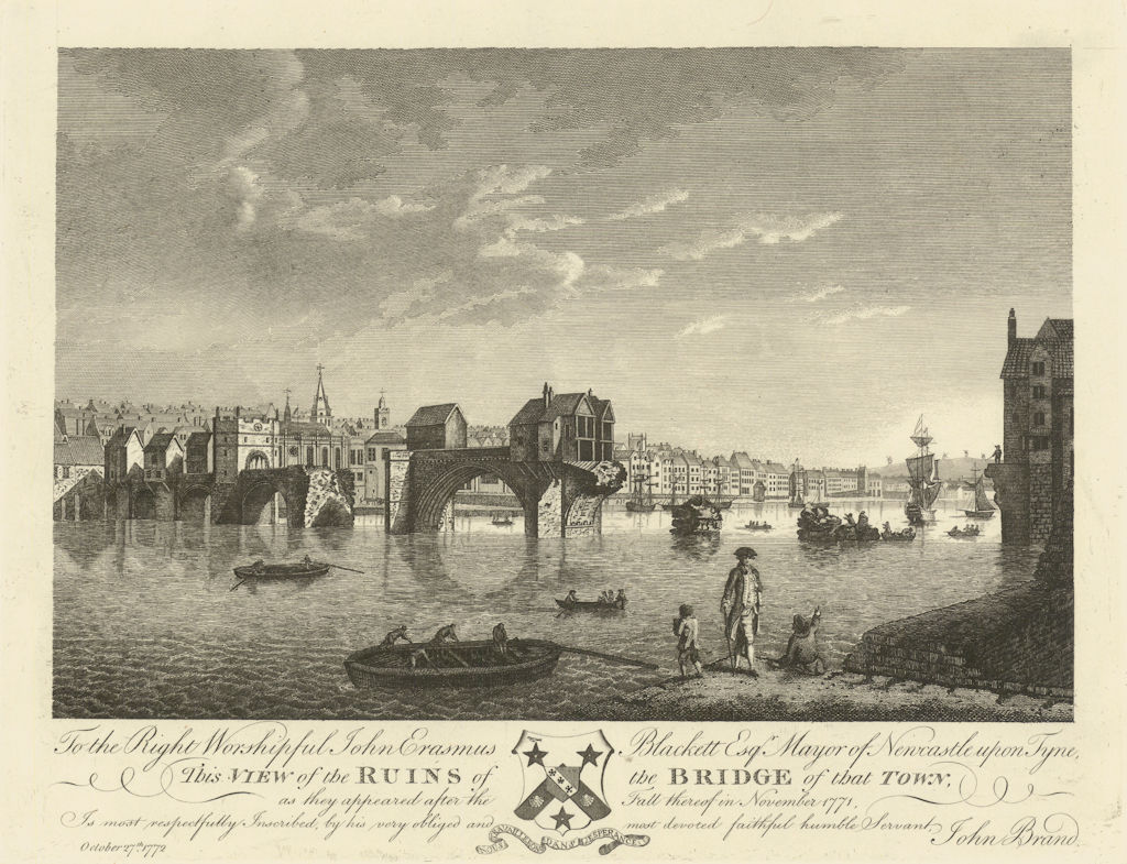 Ruins of the Newcastle upon Tyne bridge, after the 1771 collapse 1789 print