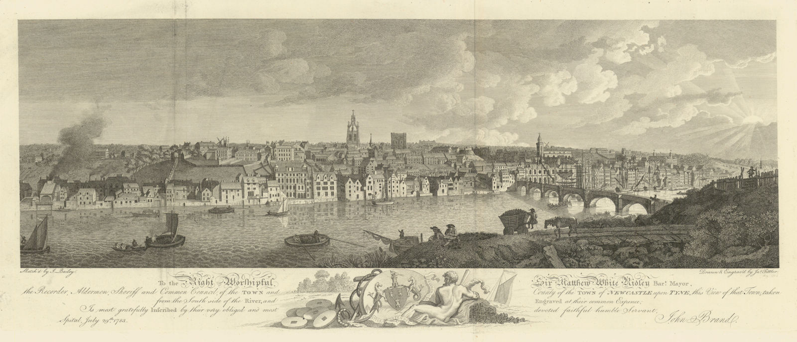 View of Newcastle upon Tyne from the South side of the River 1789 old print