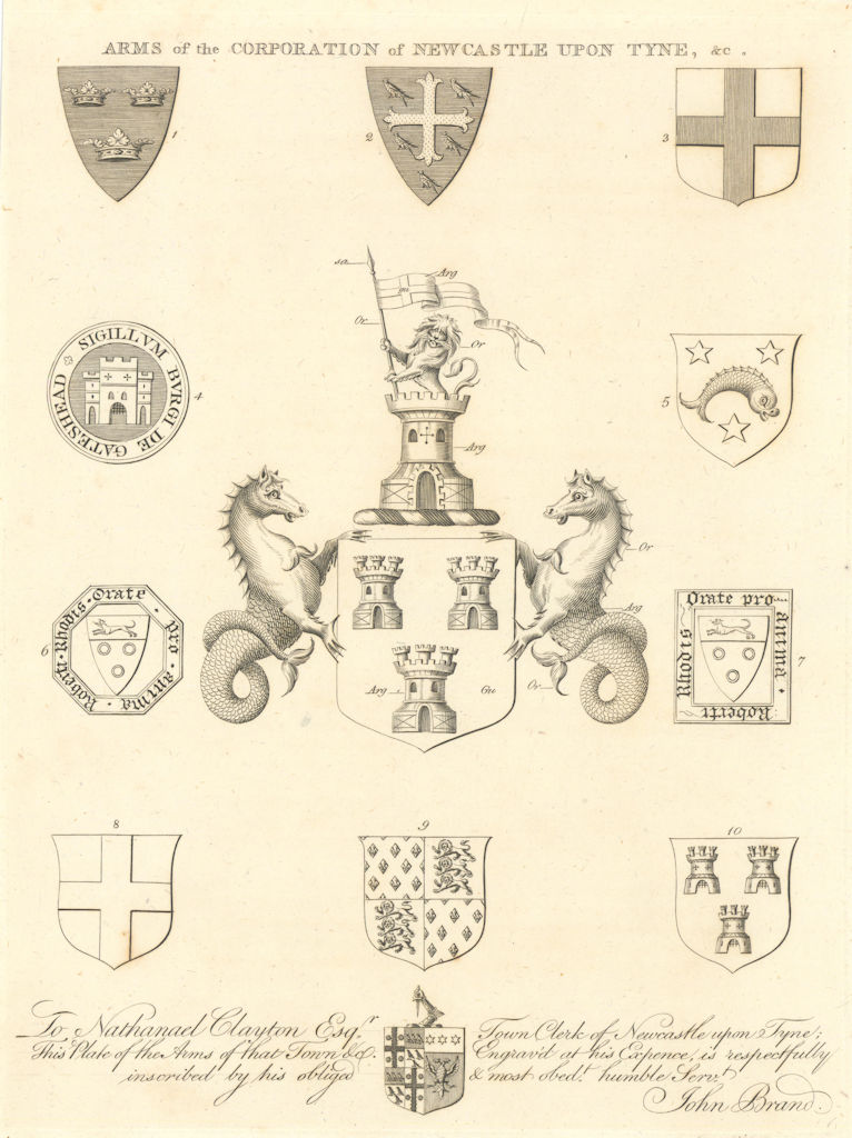 Corporation of Newcastle upon Tyne Arms. Nathanael Clayton dedication 1789