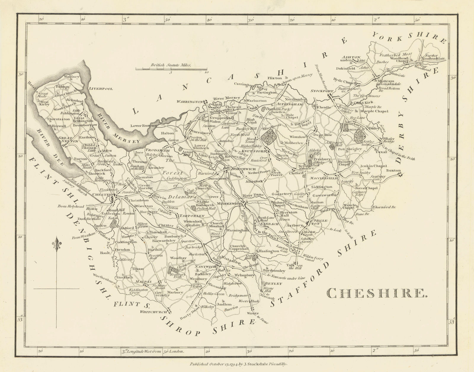 Cheshire county map by John Stockdale 1795 old antique vintage plan chart