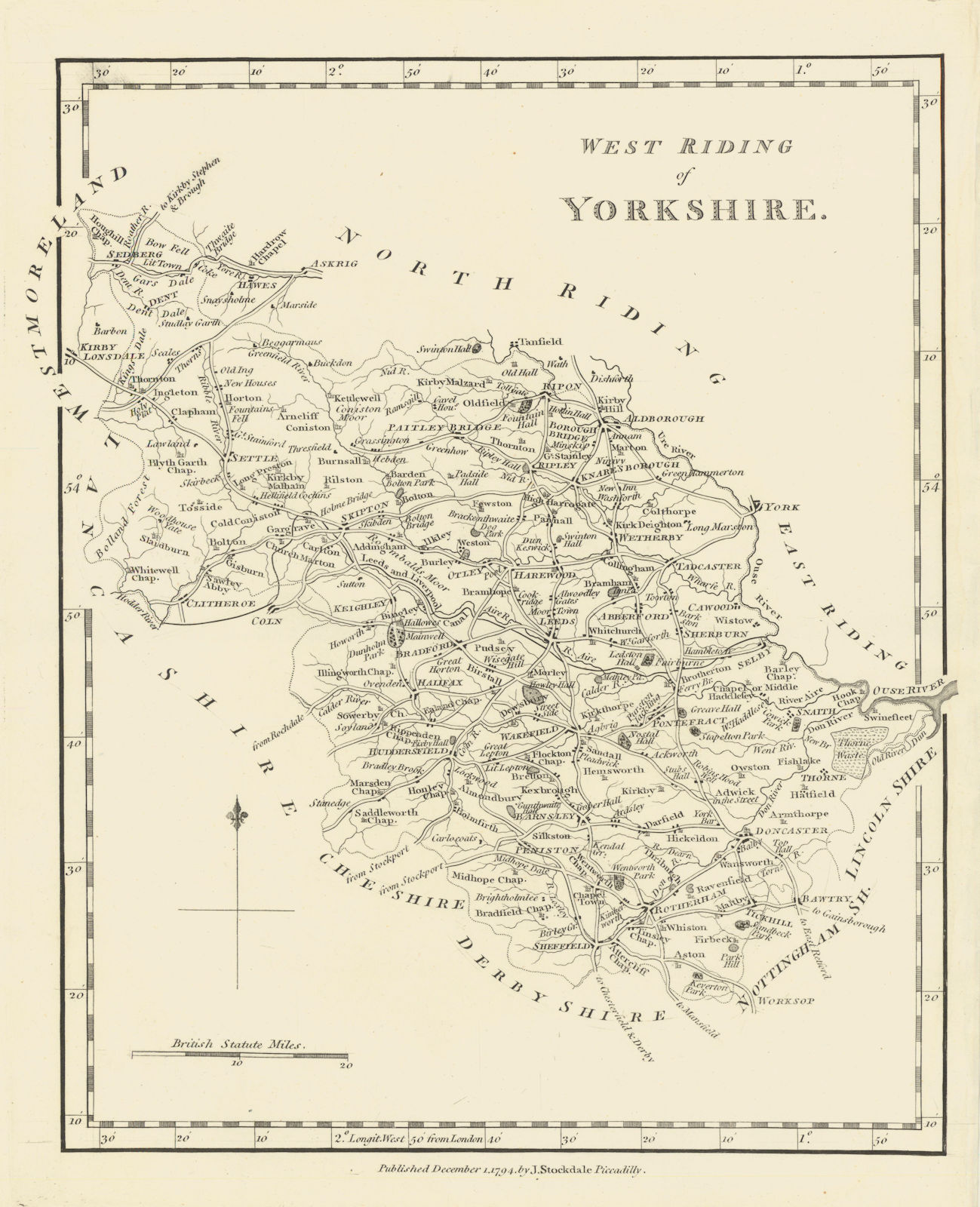 West Riding of Yorkshire county map by John Stockdale 1795 old antique