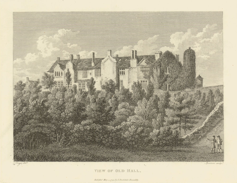 View of Old Hall, Ashton-under-Lyne, Lancashire. Aikin 1795 antique print