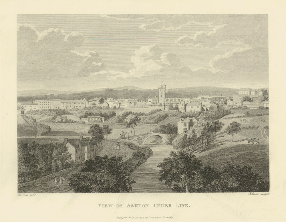 View of Ashton under Line (Ashton-under-Lyne), Lancashire. Aikin 1795 print