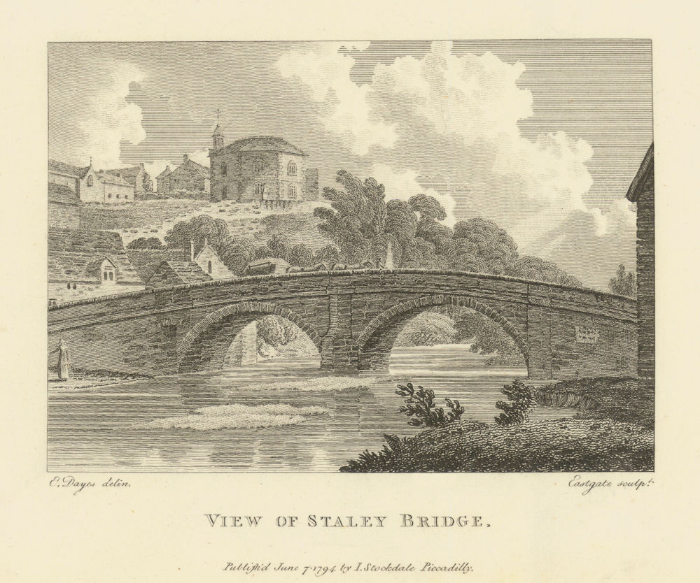 View of Staley bridge (Stalybridge), Cheshire. Aikin 1795 old antique print