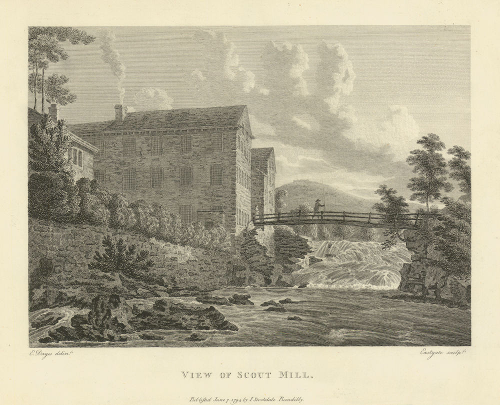 View of Scout Mill near Ashton under Lyne, Lancashire. Aikin 1795 old print